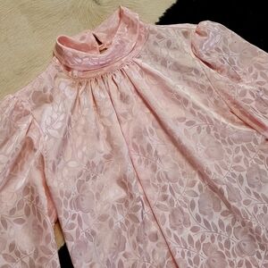 Vintage 1980s Pink High-Neck Floral Jacquard SECRETARY Blouse SMALL